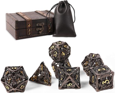 This is the new style Hollow metal dice set . There are bigger but lighter than normal metal dice.When you roll the dice,you will hear a sweet sound like a wind chimeThese dice are eye catching and can get lots of compliments at the table.It is a very popular dice gift for friends and famlily. Dice Gifts, Classic Rpg, Playing Dice, Savage Worlds, Dnd Dice Set, Dragon Rpg, Soft Leather Bag, Dnd Dice, Dice Bag