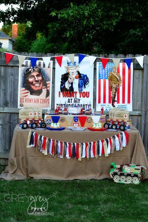 Army, Military, Patriotic Birthday Party Ideas | Photo 6 of 34 Patriotic Birthday Party, Army Party Decorations, Army Themed Birthday, Deployment Party, Welcome Home Soldier, Military Retirement Parties, Patriotic Birthday, Army Birthday Parties, Army Retirement