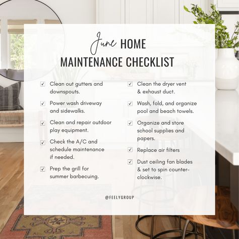 June Home Maintenance Checklist, Homeowner Hacks, Real Estate Slogans, House Checklist, Outdoor Organization, Realtor Social Media, Home Maintenance Checklist, Real Estate Agent Marketing, Maintenance Checklist