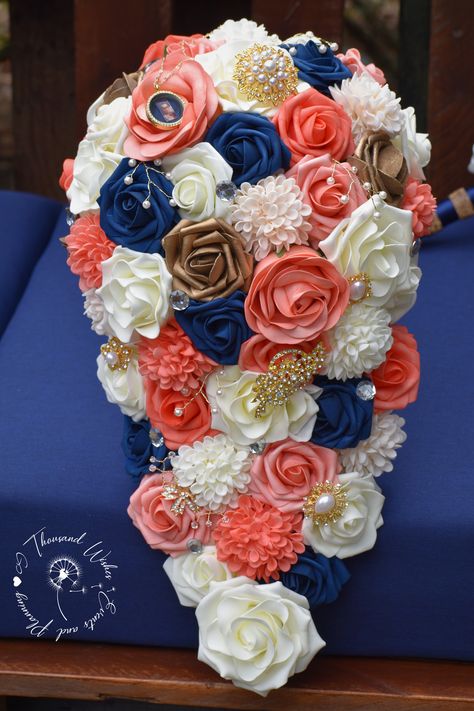 Navy Blue And Coral Wedding Bouquets, Coral And Navy Blue Bouquet, Navy Peach And Ivory Wedding, Navy Blue Coral And Gold Wedding, Coral Navy Blue Wedding, Blue And Coral Wedding Theme, Navy Blue And Peach Wedding Theme, Peach And Navy Blue Wedding, Navy Blue And Coral Wedding