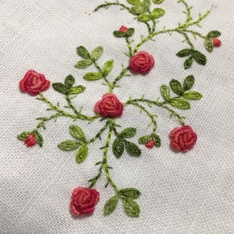 YAY!! You guessed it!! National Embroidery Month! And red roses for you! Happy Valentine's Day❣❤❤❤❤❤❤❤ #crabapplehill #handembroidery #broderies #embroidery #stitchery #nationalembroiderymonth Rose Vine Embroidery, Rose Hip Embroidery, Red Embroidery Flowers, Red Floral Embroidery, Embroidery Red Flower, Embroidered Rose Pattern, Embroidery Rose Designs, Embroidery Rose Tutorial, Embroidery Rose Pattern