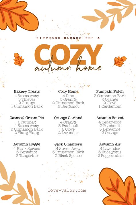 This collection of diffuser blends has some of our favorites for the Autumn season! From candle dupe blends to immune support to blends for happy lungs, these oils are an essential part of our Autumn Hygge! No scented candles can hold a candle to these! Check out my other faves for the fall transition on my blog! Autumn Candle Scents, Fall Candle Names Ideas, September Essential Oil Blends, Fragrance Blends For Candles, September Candle, Fall Decor Candles, Scent Board, Candle Scent Combinations, Autumn Diffuser Blends