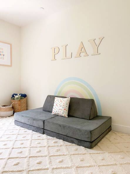 Gray Nugget Couch, Nook Couch Ideas, Nugget Couch Playroom Ideas, Classroom Couch Ideas, Playroom With Nugget Couch, Nugget Couch Playroom, Nugget Playroom, The Nugget Couch, Nugget Couch Ideas