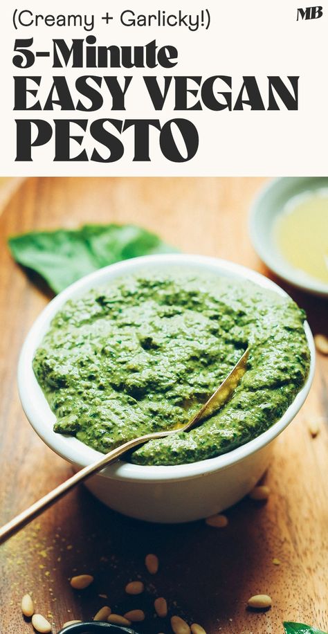 Easy, 5-MINUTE vegan pesto that's bright, garlicky, and cheesy without dairy. It's perfect for pasta, pizza, soups, salads, and more! Minimalist Baker Vegan, Easy Vegan Pesto, Endo Diet, Keto Sauces, White Sauce Pasta, Minimalist Baker, Vegan Pesto, Pasta Pizza, Vegan Sauces