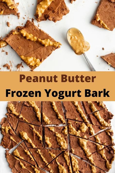 Frozen yogurt bark broken with a spoon of Peanut butter Peanut Butter Yogurt Bark, Chocolate Peanut Butter Yogurt Bark, Frozen Yogurt Bark Peanut Butter, Chocolate Peanut Butter Frozen Yogurt, Yogurt Peanut Butter Frozen, Yoghurt Bark, Easy Frozen Yogurt, Yogurt Bark Recipe, Greek Yogurt And Peanut Butter