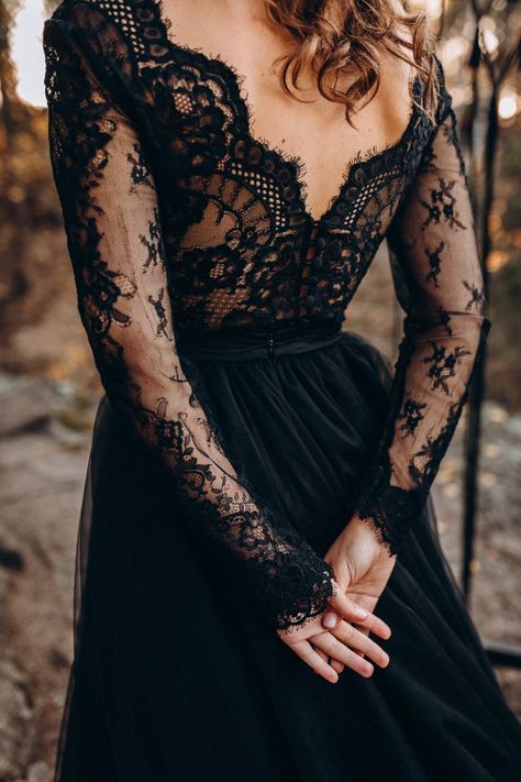 Black Boho Wedding Dress, Black Boho Wedding, Long Sleeve Lace Evening Dress, Black Lace Wedding Dress, Black Lace Wedding, Wedding Dress Black, Tulle Party Dress, Dress Train, Black Lace Lingerie