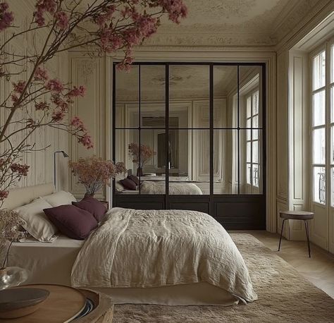 Mirror Wall Bedroom Ideas, Classic Bedroom Design Luxury, Parisian Bedroom Aesthetic, Feminine Interior Design, Feminine Interior, Royal Bedroom Design, Bedroom Design Luxury, Classic Bedroom Design, Sleek Fireplace