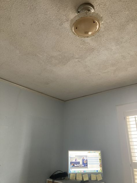 I've lived with this popcorn ceiling and gap between wall and ceiling for 25 years now! I finally got on a ladder and scraped the popcorn off. Had it tested for asbestos first with a kit I bought from Amazon. How To Take Off Popcorn Ceiling, Popcorn Walls, How To Scrape Popcorn Ceilings Diy, Scraping Ceilings Popcorn, How To Scrape A Popcorn Ceiling, Diy Popcorn Ceiling Removal, Popcorn Ceiling, A Ladder, 25 Years