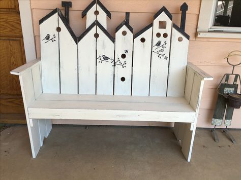 Re-paint on my birdhouse bench. Brown underneath, white chalk paint, stencil, and sand to let brown show through. Finished with furniture paste. Birdhouse Bench Ideas, Birdhouse Bench, Chalk Paint Stencil, Painted Benches, Paint Stencil, Bench Ideas, Diy Wooden Projects, White Chalk Paint, Pallet Garden