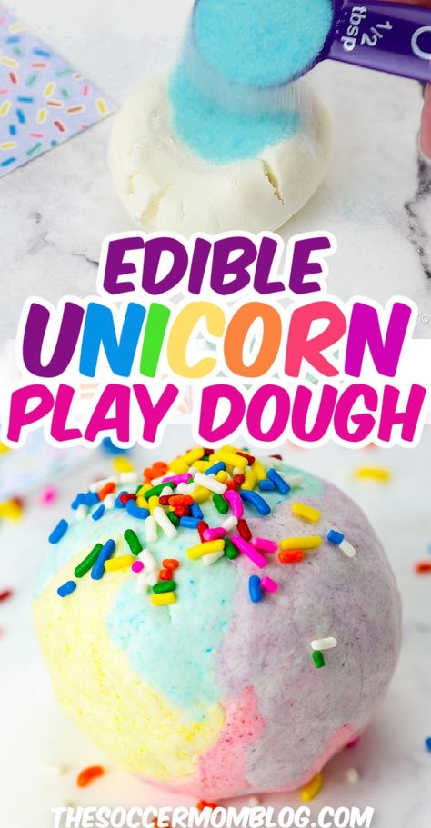 This colorful, scented, edible, all-around amazing Unicorn Poop Play Dough recipe is a sensory play experience that your kids will love! Unicorn Messy Play, Unicorn Sensory Play, Diy Edible Playdough, Homemade Playdoh Recipe, Unicorn Playdough, Edible Playdoh, Edible Play Dough, Edible Play Dough Recipe, Easy Playdough Recipe