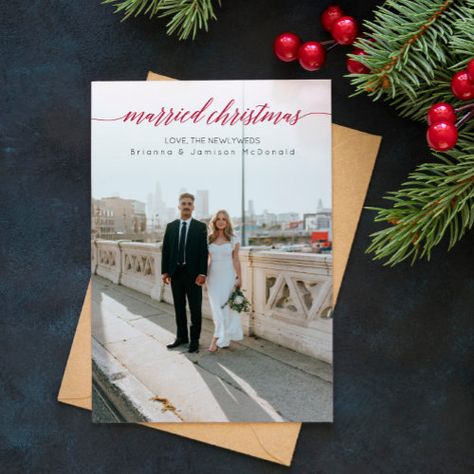 Married Christmas Newlywed Photo Red Holiday Card #zazzle #weddinginvitations #birthdayinvitations #babyshowerinvitations #zazzleinvitations #monogram #businesscards #graduation #homedecor Newly Wed Christmas Cards, Newlywed Christmas Card, Marry Christmas Card, Wedding Christmas Card, Christmas Card Messages, Newlywed Christmas, Christmas Collage, Married Christmas, Wedding Christmas