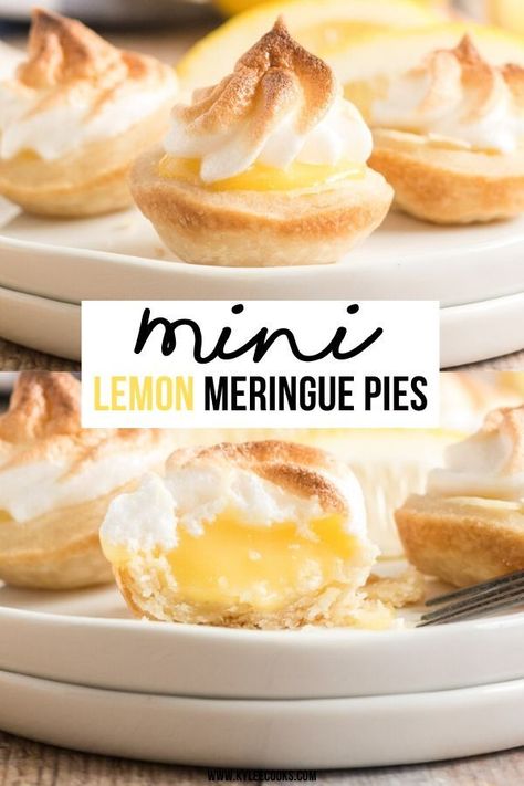 Add a zest of sunshine to your dessert table with these Mini Lemon Meringue Pies! Each bite-sized delight is filled with a tangy, creamy lemon curd, topped with a light, fluffy meringue that's toasted to perfection. The buttery crust adds just the right amount of crunch to this dreamy dessert. These mini pies are not only visually enticing, but they're also a flavorful explosion that strikes a perfect balance between tart and sweet. Lemon Meringue Pie Bites, Easy Lemon Meringue Pie, Easy Lemon Meringue, Mini Lemon Meringue Pies, Lemon Meringue Pie Easy, Meringue Pies, Dessert Lemon, Mini Pie Recipes, Mini Dessert Recipes