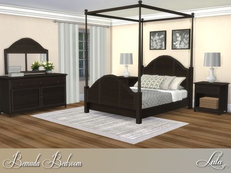 Canopy Bed Sims 4 Cc, Sims 4 Dresser Room Cc, Bed Cc Sims 4, Japan Bedroom, Four Poster Bedroom, Sims 4 Beds, Wooden Bedroom Furniture, Matching Nightstands, Sims 4 Bedroom