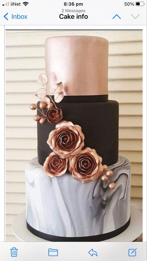 Black And Rose Gold Wedding Cake, Old Rose Wedding, 45th Birthday Ideas, Champagne Wedding Cakes, Dirty 30 Birthday, My Birthday Ideas, Rose Gold Cake, Rose Gold Wedding Cakes, White Birthday Cakes