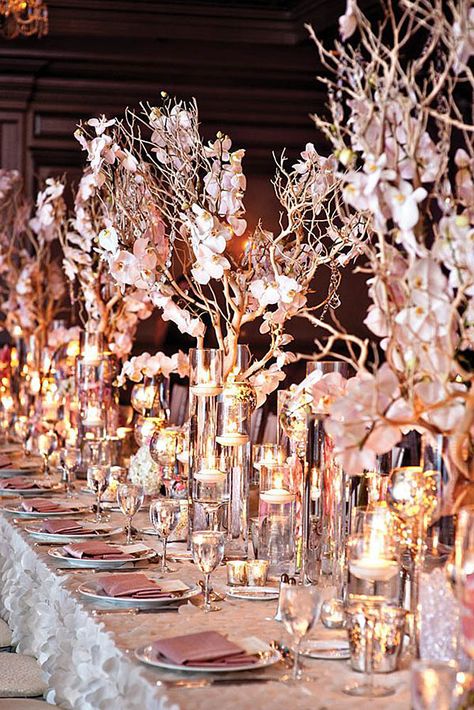 Glamorous Rose Gold Wedding Decor Ideas ❤ See more: http://www.weddingforward.com/rose-gold-wedding-decor/ #weddings Rose Gold Table Decor, Wedding Rose Gold Theme, Rose Gold Quinceanera, Rose Gold Table, Rose Gold Wedding Decor, Flowers And Candles, Rose Gold Theme, Old Hollywood Wedding, Rustic Wedding Decorations