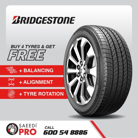 Hit the road with confidence 🚗💨 Bridgestone tyres offer unmatched durability and performance, no matter the journey. Engineered for excellence, they bring out the best in your ride, ensuring smooth travels and ultimate safety. Purchase 4 Bridgestone Tires & get FREE balancing, wheel alignment & tyre rotation* Enquire Now [Link in bio 👆🏽]⁠ *T&C Apply ⁠⁠ #AutocarePerformedByProfessionals #SaeediPro #AlSaeediGroup #BuyTyres #DubaiCars #UAECars #DubaiRoads #BridgestoneTires Car Wheel Alignment, Bridgestone Tires, Dubai Cars, Air Conditioning Services, Dubai Shopping, Wheel Alignment, Tyre Brands, Hit The Road, Tyre Shop