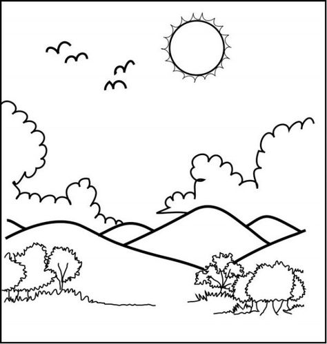 mountain sunrise coloring page - Free Great Mountain Coloring Pages Printable Mountain Coloring Pages, Nature Drawing For Kids, Mountains Drawing, Scenery Drawing For Kids, Creation Coloring Pages, Sun Coloring Pages, Coloring Pages Nature, Mountain Sunrise, Sunrise Colors