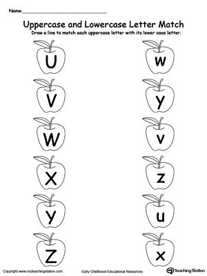 Matching Uppercase and Lowercase Letters U Through Z: Teach your preschooler to match uppercase and lowercase letters. Learn the alphabet in a fun way by practice matching the letters with this printable activity worksheet. Matching Uppercase And Lowercase Letters, Learning Letter Sounds, Alphabet Letter Matching, Lkg Worksheets, Letter Recognition Worksheets, Alphabet Writing Practice, Kindergarten Phonics Worksheets, English Worksheets For Kindergarten, Alphabet Worksheets Kindergarten