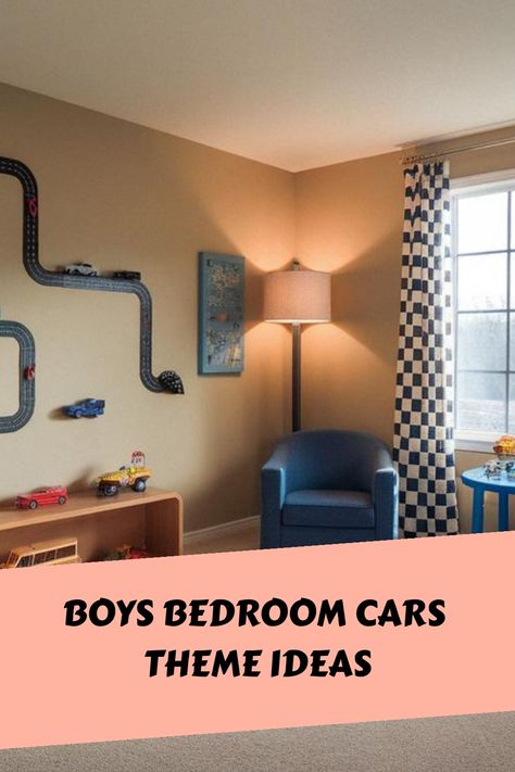 Boys Bedroom Cars Theme Ideas Hot Wheels Bedroom Decor, Nascar Bedroom Ideas, Hotwheels Room Ideas, Diy Car Room Decor, Racecar Bedroom Toddler, Hotwheels Room Idea, Disney Cars Bedroom Ideas For Boys, Car Headboard, Checkered Boys Room