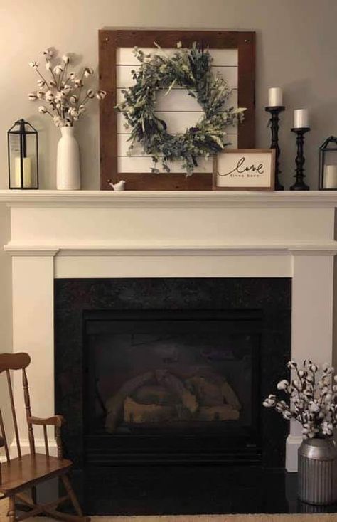 Fireplace Hearth Decor Farmhouse, Modern Farmhouse Artwork Wall Decor Living Room, Above Mantle Decor, Hobby Lobby Mantle Decor, Black And White Mantle Decor, Mantel Decorating Ideas With Tv Everyday, Farmhouse Mantles, Over The Fireplace Decor, Farmhouse Mantle Decorating Ideas