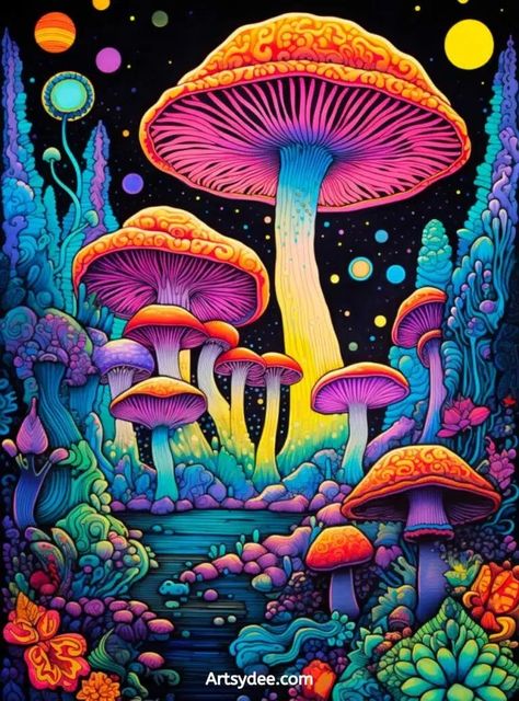 Trippy Painting Ideas Creative Mushroom, Color Pencil Mushrooms, Mushroom Drawing Colored Pencil, Colourful Mushroom Art, Abstract Mushroom Painting, Mushroom Drawing Colorful, Cool Mushroom Drawing, Colorful Mushroom Art, Trippy Mushroom Painting