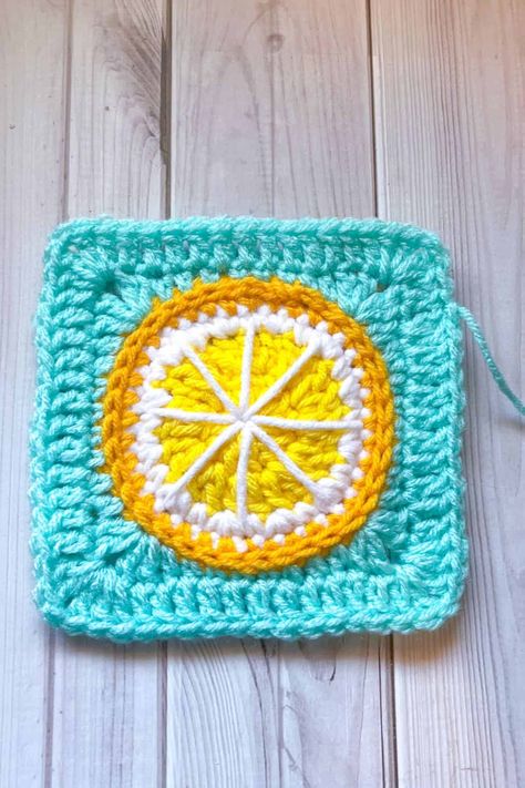 Lemon Granny Square Crochet Pattern - thecaffeinatedsnail.com Lime Granny Square, Citrus Granny Square Pattern, Crochet Lemon Bag Free Pattern, Lemon Granny Square Crochet Pattern, Summer Granny Square Pattern, Watermelon Granny Square Crochet, Half And Half Granny Square, Lemon Crochet Bag, Fish Granny Square