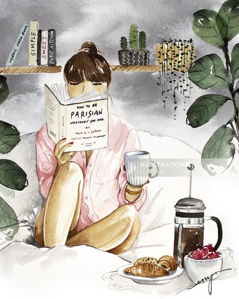 In Bed Illustration, Bed Illustration, Coffee Notes, Illustrated Journal, Cozy Things, Weekend Breakfast, Watercolor Artists, Breakfast In Bed, Beautiful Drawings