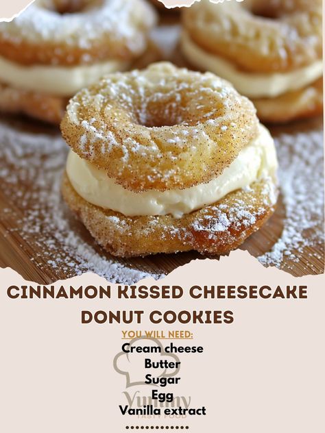 🍩 Satisfy your sweet tooth with Cinnamon Kissed Cheesecake Donut Cookies! A delightful treat! 🍪✨ #CookieLovers #SweetTooth Cinnamon Kissed Cheesecake Donut Cookies Ingredients: Cream cheese, softened (8 oz) Butter, softened (1/2 cup) Sugar (1 cup) Egg (1) Vanilla extract (1 tsp) Flour (2 cups) Baking powder (1 tsp) Ground cinnamon (1 tsp) Powdered sugar for dusting Instructions: Preheat oven to 350°F (175°C). Beat cream cheese, butter, and sugar until fluffy. Add egg and vanilla, mix well... Cheesecake Donut, Donut Cookies, Cream Cheese Butter, Cheese Butter, Homemade Cookies, Cookies Ingredients, Ground Cinnamon, Powdered Sugar, 2 Cups