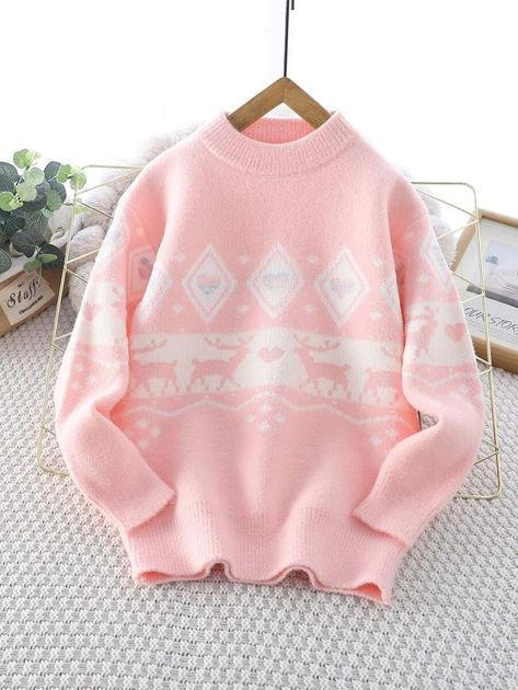 Girls Pink Warm Casual Christmas Deer Geometric Pattern Knit Sweater, Winter | SHEIN EUR Pink Christmas Sweater, Reindeer Christmas Sweater, Winter Knit Sweater, Sweatsuit Set, Pullover Outfit, Reindeer Christmas, Inspiration Mode, Girls Long Sleeve, Pink Christmas