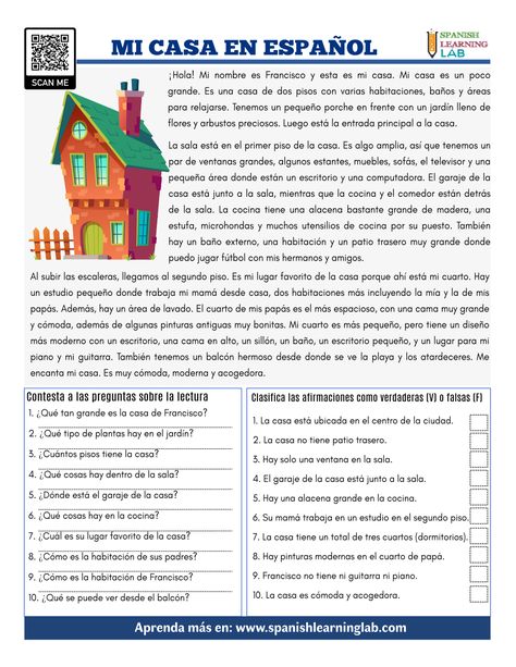 This is my House in Spanish - PDF Reading Worksheet - Spanish Learning Lab Spanish Reading Practice, Intermediate Spanish Lessons, Reading In Spanish, Spanish Reading Comprehension Free, Spanish Class Worksheets, Spanish Worksheets High School, Spanish Teacher Classroom, Spanish Reading Activities, Spanish Homework