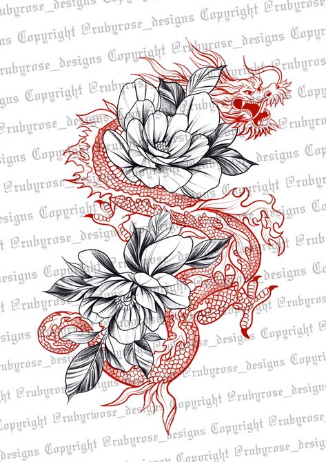 Floral Dragon Tattoo, Ruby Rose Designs, Dragon Thigh Tattoo, Floral Dragon, Black Dragon Tattoo, Red Dragon Tattoo, Tato Henna, Rose Tattoos For Women, Dragon Sleeve Tattoos