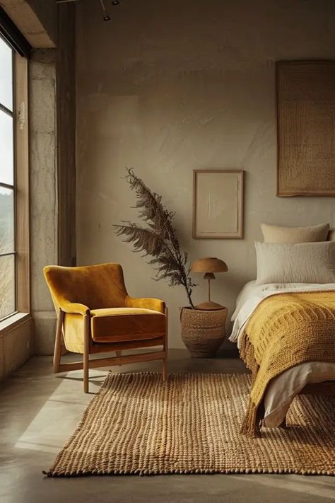 Top 5 Mustard Yellow Bedroom Ideas - Blog by Cavelights Yellow Bedding Ideas, Mustard Yellow Bedroom Ideas, Ochre Bedroom, Mustard Yellow Bedroom, Yellow Bedroom Paint, Terracotta Interior Design, Mustard Bedroom, Vibrant Bedroom, Colour Combinations Interior