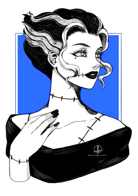 Bride Of Frankenstein Character Design, Female Frankenstein Art, Frankenstein Female, Ms Frankenstein, Bride Of Frankenstein Drawing, Frankenstein Oc, Female Frankenstein, Bride Of Frankenstein Art, Frankenstein Drawing