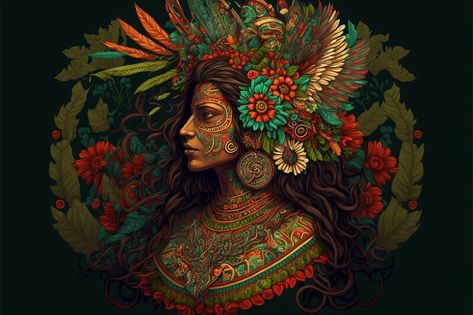 Mexican Goddess Art, Xochiquetzal Goddesses, Aztec Women Warrior Goddesses Tattoo, Mexican Art Traditional Aztec, Mexican Inspired Tattoos Aztec Warrior, Aztec Goddess Art, Mexican Folklore Art, Aztec Woman Art, Xochiquetzal Tattoo