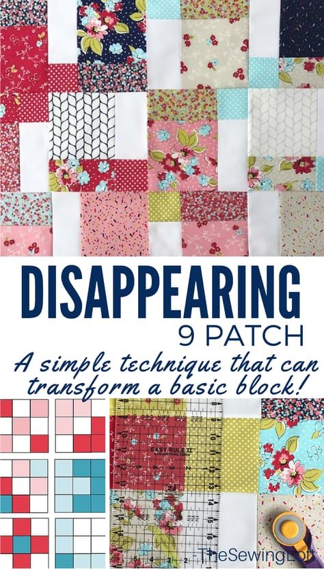 The disappearing 9 patch let's you create amazing designs from a simple quilt block. Learn how to create easy to sew patterns from this simple diy tutorial. 9 Patch Quilt Block, Simple Quilt Block, Simple Quilting, Disappearing 9 Patch, Simple Quilt, Quilt Blocks Easy, Charm Pack Quilts, 9 Patch Quilt, Sew Patterns