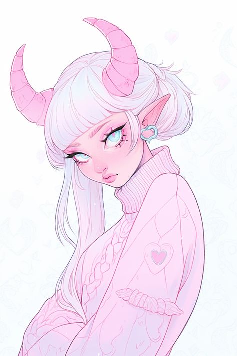 Pink People Art, Demon Ych Base, Adorable Art Styles, Pink Tiefling Female Dnd, Pink Character Art, Succubus Character Design, Angel Demon Art, Oc Girl Art, Cute Demon Drawing