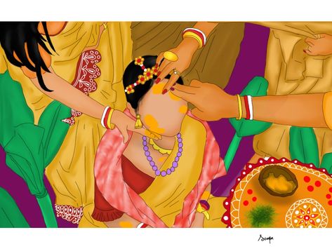 Bengali wedding ritual #digitalpainting #digitalart Bengali Wedding Painting, Bengali Wedding Illustration Art, Bengali Wedding Illustration, Haldi Invitation, Wedding Art Painting, Desi Art, Hand Shadows, Bengali Art, Indian Wedding Invitation Cards