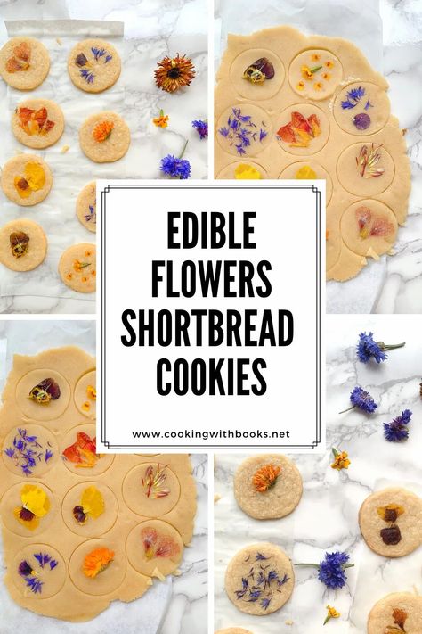 Edible Flowers Shortbread Cookies from Cooking with Books | Sometimes, the simplest recipes are the ones that bring me the most joy. These Edible Flowers Shortbread Cookies are easy to make and look impressive with very quick steps! Flowers Cookies, Countryside Life, Edible Flowers Recipes, Dandelion Jelly, Shortbread Cookie Recipe, Cookie Dough Recipes, Cake Cookie, Almond Flavor, Flower Cookies