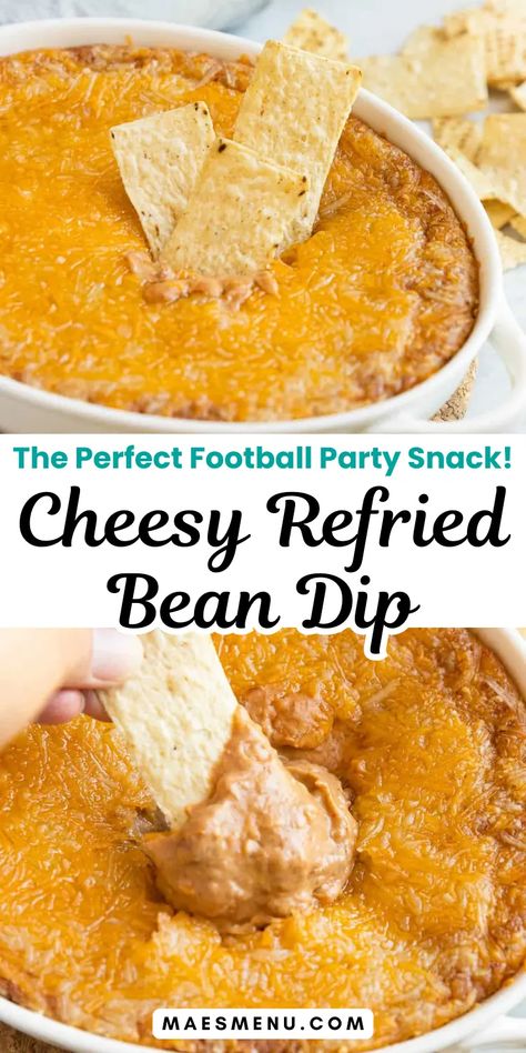 Try my irresistible Cheesy Refried Bean Dip! It’s creamy, cheesy, and tantalizingly tasty, it's the perfect snack for Superbowl parties and football gatherings. It’s easy to make with a blend of refried beans, cream cheese, and Mexican cheese, this dip is perfect for feeding a crowd. Serve hot and watch it disappear! Get the recipe here! #superbowlpartyfood Bean Dip Recipes Refried, Hot Bean Dip, Cream Cheese Bean Dip, Bean Cheese Dip, Cream Cheese Taco Dip, Easy Bean Dip, Cheese Dip Mexican, Refried Bean Dip, Appetizers Easy Dips