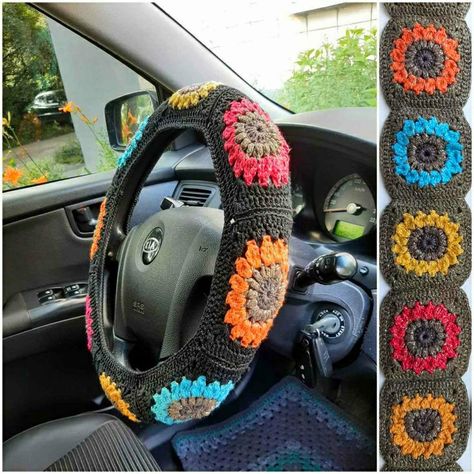 Crochet For Car, Steering Wheel Cover Diy, Crochet Steering Wheel, Pokemon Cross Stitch Patterns, Car Wheel Cover, Crochet Tank Tops, Car Things, Crochet Placemats, Crochet Car