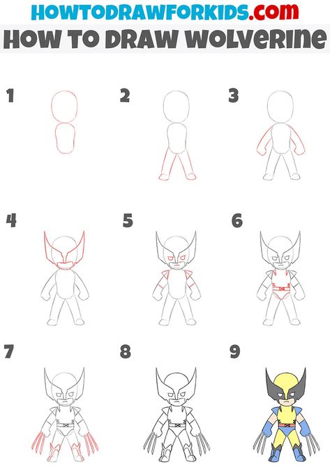 How to Draw X-Men - Easy Drawing Tutorial For Kids Marvel Drawings Easy Step By Step, How To Draw Hulk Easy Step By Step, Xmen Drawing, Wolverine Drawing Easy, Wolverine Cartoon Drawing, How To Draw Wolverine, Wolverine Drawing, Lego Wolverine, Avengers Drawings