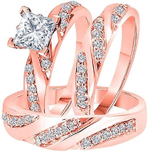 foreverjewelryhub 1.00 Carat Princess Cut Created Diamond 14K Rose Gold Over 925 Sterling Sliver Engagement Bridal Wedding Band Trio Ring Set for His & Her Trio Ring Set, Trio Ring, Boys Jewelry, Diamond Settings, Silver Engagement Rings, Bridal Ring Set, Girls Jewelry, Wedding Rings For Women, Bridal Sets