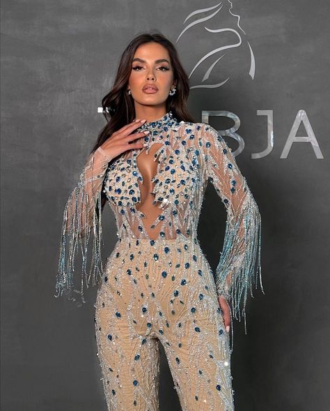 Elegant evening beige jumpsuit with tassels and blue crystals. Pageant Jumpsuit, Blue Jumpsuits Outfit, Salsa Outfit, Rhinestone Jumpsuit, Pride 2024, Beige Jumpsuit, Cowgirl Outfit, Chic Dress Classy, Cute Short Dresses