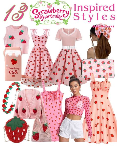 "Berry chic vibes: 13 sweet strawberry shortcake inspired styles to add a dash of nostalgia to your wardrobe! 🍓✨ Strawberry Shortcake Party Outfit, Strawberry Shortcake Theme Outfits, Strawberry Shortcake Clothes Aesthetic, Strawberry Shortcake Picnic, Modern Strawberry Shortcake Outfit, Strawberry Shortcake Fashion, Strawberry Shortcake Outfit Inspiration, Strawberry Shortcake Aesthetic Outfit, Strawberry Aesthetic Outfit