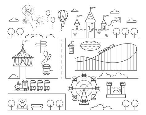 Amusement Park Map, Theme Park Map, Children Playground, Our Adventure Book, Map Projects, Arte 8 Bits, Children Park, Outline Illustration, Family Theme