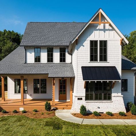 Farmhouse Front Porch Decor, Joanna Gaines House, White Farmhouse Exterior, Home Designs Exterior, Black Shutters, Farmhouse Paint Colors, Porch Makeover, Farmhouse Front Porches, Farmhouse Paint