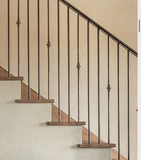 Stair Railing Ideas French Country, Traditional Iron Stair Railing, French Staircase Railing, Staircase Wrought Iron, Spanish Stair Railing, Modern Farmhouse Staircase Railing, Iron Banisters And Railings, Stair Railings Farmhouse, Iron Spindle Staircase