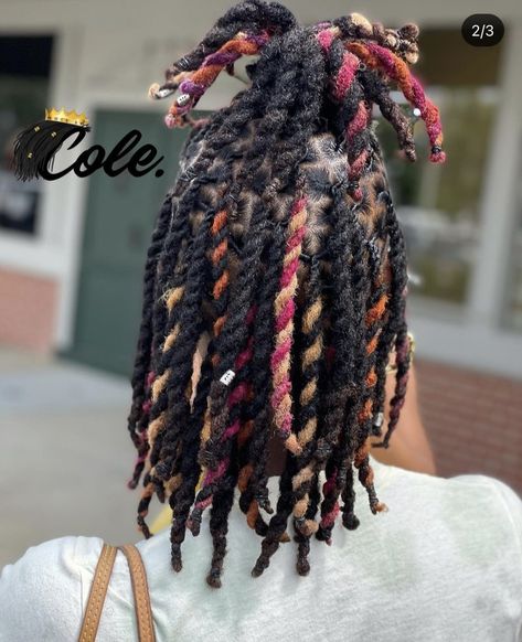 Multi Colored Dreads, Shoulder Length Dread Hairstyles For Men, Dread Hairstyles For Men Medium, Red And Blonde Dreads, Dreads Color Ideas Locs Men, Colored Locs Men, Dread Color Ideas Locs For Men, Dyed Dreads Men, Dread Color Ideas Locs