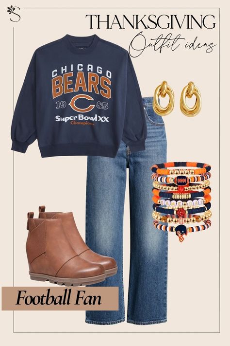 Thanksgiving Outfit Ideas - Football Fan Chicago Bears Thanksgiving Day Outfits, White Tee Jeans, Thanksgiving Outfit Ideas, Thanksgiving Outfits, Sweater Bags, Puffy Coat, Studded Jeans, Day Outfits, Stretchy Pants