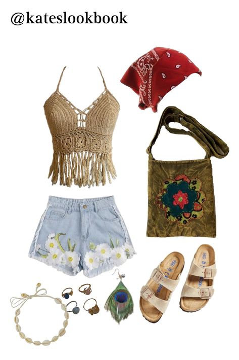 Summer Festival Outfit Ideas Bohemian, Hippie Concert Outfit Ideas, Hippe Outfit 70s, Hippie Shorts Outfit, Summer Hippie Outfits 70s, Woodstock Outfit Ideas, Greta Van Fleet Inspired Outfits, Fairycore Summer Outfits, 70s Festival Outfit